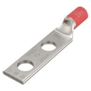 terminal de compresión / 8 awg cu / dos orificios / tamaño del tornillo 1/2 / espaciado de orificios 1 3/4 / barril estándar / ventana de inspección / biselado interno / estaño plateado / ul csa / 90°c / hasta 35kv /