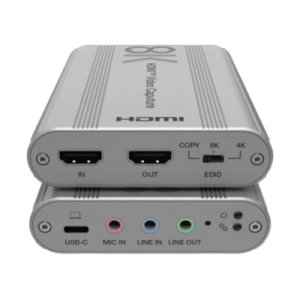 tarjeta de captura hdmi 8k a usb 3.2 gen 1 | resolución 8k@60hz y 4k2k@144hz | ancho de banda 48gbps | mezcla de audio hdmi micrófono línea | compatibilidad multiplataforma windows macos linux | carcasa de aluminio plateado