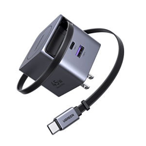 cargador rápido ugreen 45w gan / cable retráctil 0.7m / 3 puertos usb c + usb a / tecnología ganinfinity 95% eficiencia / 8 capas protección / carga simultánea 3 dispositivos / compacto para viajes