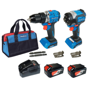 kit herramienta taladro más atornillador 20v, incluye cargador, 2 baterías y bolsa para transporte.