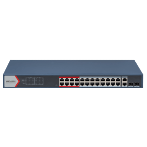 switch poe+ / monitoreable / 24 puertos 100 mbps poe+ / 2 puertos 1000 mbps + 2 puertos sfp de uplink (combo) / configuración nube hik partner pro / modo extendido hasta 300 metros / 370 watts