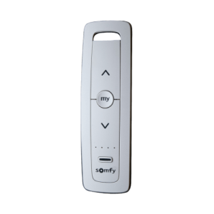 control remoto 5 canales para motores de persiana somfy con señal inalámbrica, instrucciones: sube, baja y detener, con posición favorita programada.