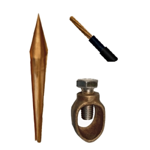 kit básico para tierra física con varilla de 5/8" de 1.5 m de largo, opresor y 10 metros de cable negro 6 awg.