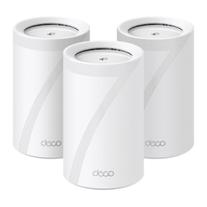 kit 3 routers inalámbrico mesh interior para hogar / triple banda wi fi 7 be9300 mbps / 2 puerto 2.5 gigabit wan/lan / 4 antenas internas / operación multi link mlo / administración mediante la app deco (ios, android) / homeshield