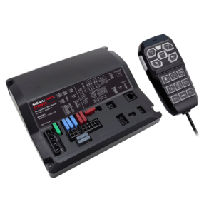 sirena vehicular de 200w de potencia, programable, con controlador unimando de 15 botones para control de tonos, 12 salidas auxiliares y micrófono