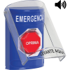 ​botón multipropósito, color azul, de superficie, con tapa de policarbonato, con bocina pre alarma, solo interior, llave para restablecer, texto de emergencia, español