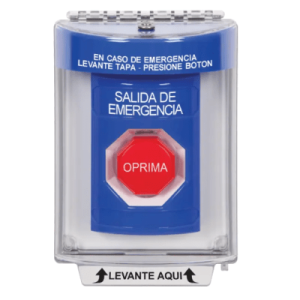 botón multipropósito, salida de emergencia, reset neumático, sin bocina , texto en español, tapa de policarbonato, 2 relevadores forma c, interior y exterior