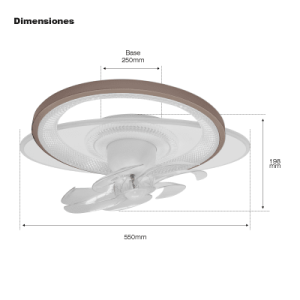 ventilador de techo con luminario led de 110 v ca 50/60 hz / 88 w / 3 tonos de luz (6500 4 000 2 700 k) / con giro 360° / diámetro 550 mm / 6 velocidades / dimeable.