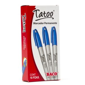 marcador baco tatoo permanente punto fino color azul c/10 pzas