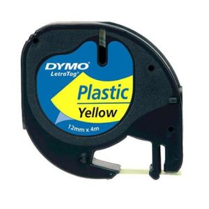 cinta etiquetadora dymo letratag negro sobre amarillo plastico