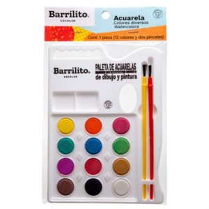 acuarelas barrilito paleta 12 colores c/2 pinceles
