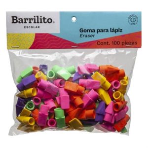 goma barrilito para lápiz colores surtidos bolsa c/100 pzas