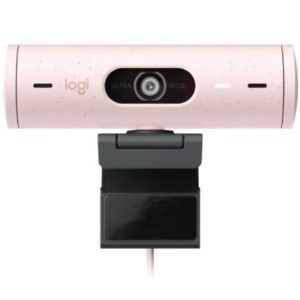 cámara web logitech brio 500 fhd resolución 1080p corrección iluminación encuadre automático color rosa