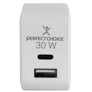 adaptador de corriente perfect choice 30w carga rápida puertos usb c+a blanco