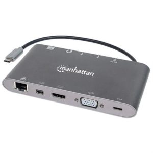 estación docking manhattan usb c a hdmi/dpmini/svga/rj45/3.5mm super velocidad color gris