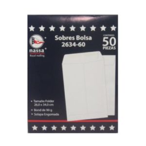 sobre bolsa nassa bond blanco 2634 folder 26cm x 34cm empaque 8 50/400