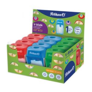 sacapuntas pelikan v blade con depósito colores surtidos caja c/12 pzas