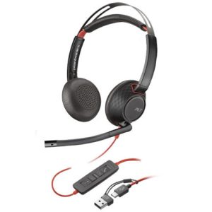 poly auriculares estéreo blackwire 5220 + conector de 3.5 mm + adaptador usb c/a