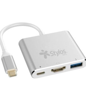 hub 3 en 1 stylos usb c a hdmi + usb 3.0 + usb c con caja gris