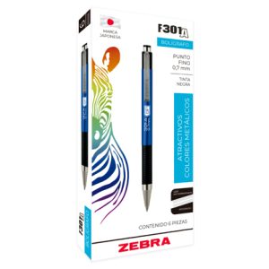 bolígrafo zebra f 301 retráctil metálico punto fino 0.7mm color azul c/6 pzas