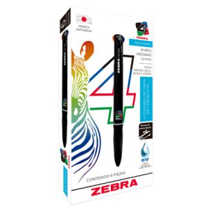 bolígrafo zebra 4 color retráctil punto mediano 1.0mm colores negro azul rojo verde c/6 pzas