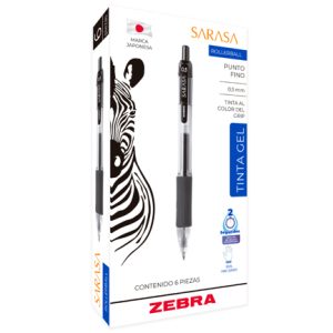 bolígrafo zebra sarasa retráctil punto fino 0.5mm tinta gel color negro c/6 pzas