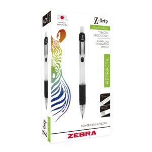 lapicero zebra z grip retráctil 0.7mm color negro c/6 pzas